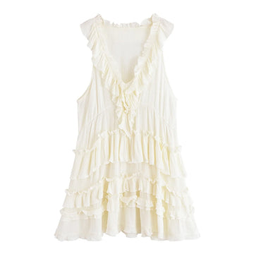 MQTIME  -  Summer New Arrivals Women's Retro Casual French Ruffle Sleeveless V-Neck Cake Skirt Fashion Mini Dress